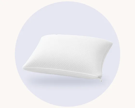Product illustration: a white quilted pillow protector with a side zip, on a pale lavender pastel circle