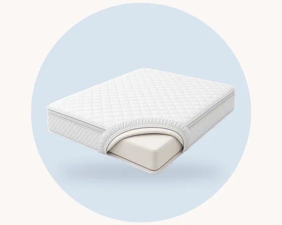 Product illustration: a white quilted fitted mattress protector with its elastic skirt tucked under a mattress corner, on a pale blue pastel circle