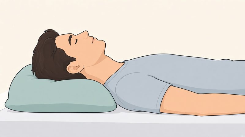 Illustration: a person lying on their back with their head resting on a medium-height sage pillow