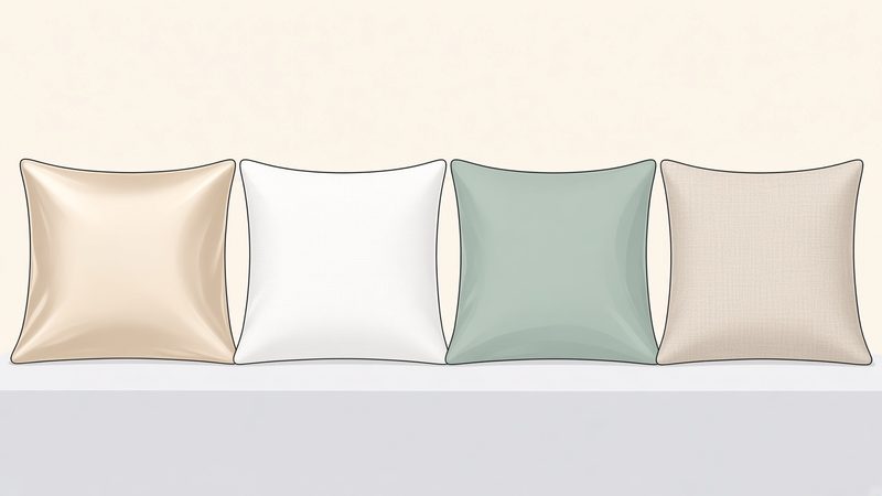 Illustration: four pillowcases side by side, glossy champagne silk, crisp white cotton, soft sage bamboo and textured oatmeal linen