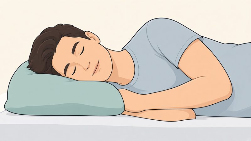 Illustration: a person lying on their side with their head resting on a fairly thick sage pillow that fills the gap to the shoulder