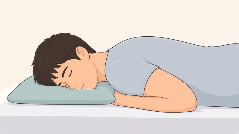 Illustration: a person lying face down on their stomach, head turned to one side with the cheek resting on a thin, flat sage pillow