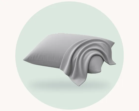Product illustration: a soft, fluid bamboo lyocell pillowcase, on a pale pastel circle