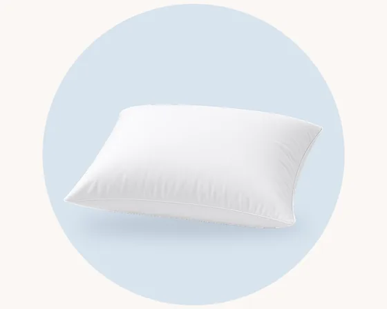 Product illustration: a crisp, matte cotton percale pillowcase, on a pale pastel circle