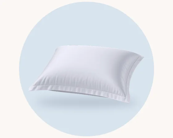 Product illustration: a cotton sateen pillowcase with a subtle lustre, on a pale pastel circle