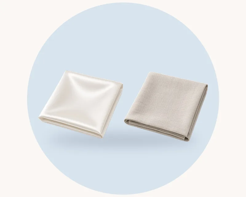 Product illustration: a folded smooth, glossy satin swatch beside a folded textured, matte linen swatch, on a pale pastel circle